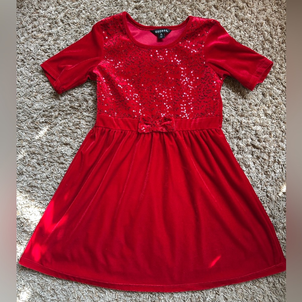 Girl’s George Holiday Dress; Red Velveteen with Sequins; 
Size M (7/8)
